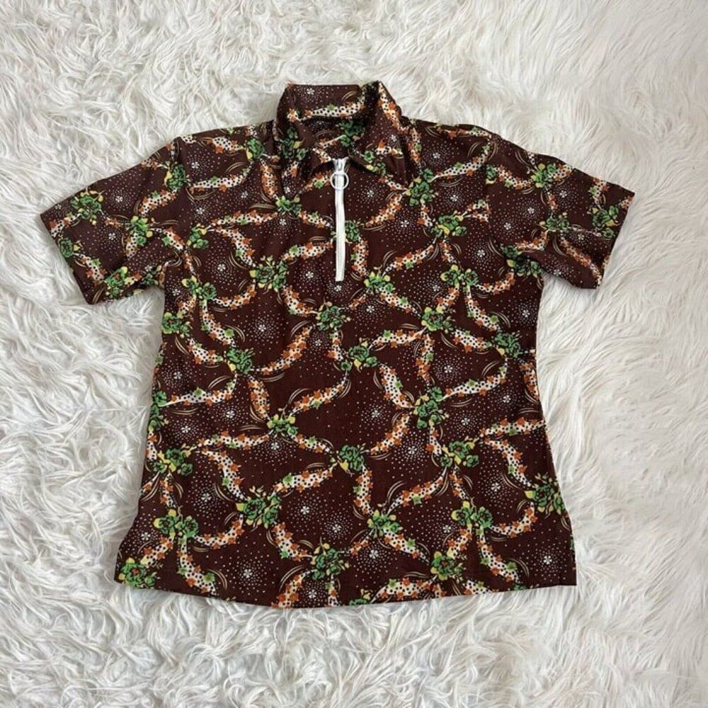 Vintage 70s Mens Brown Floral Abstract Zip Up Short Sleeve Shirt MCM Medium